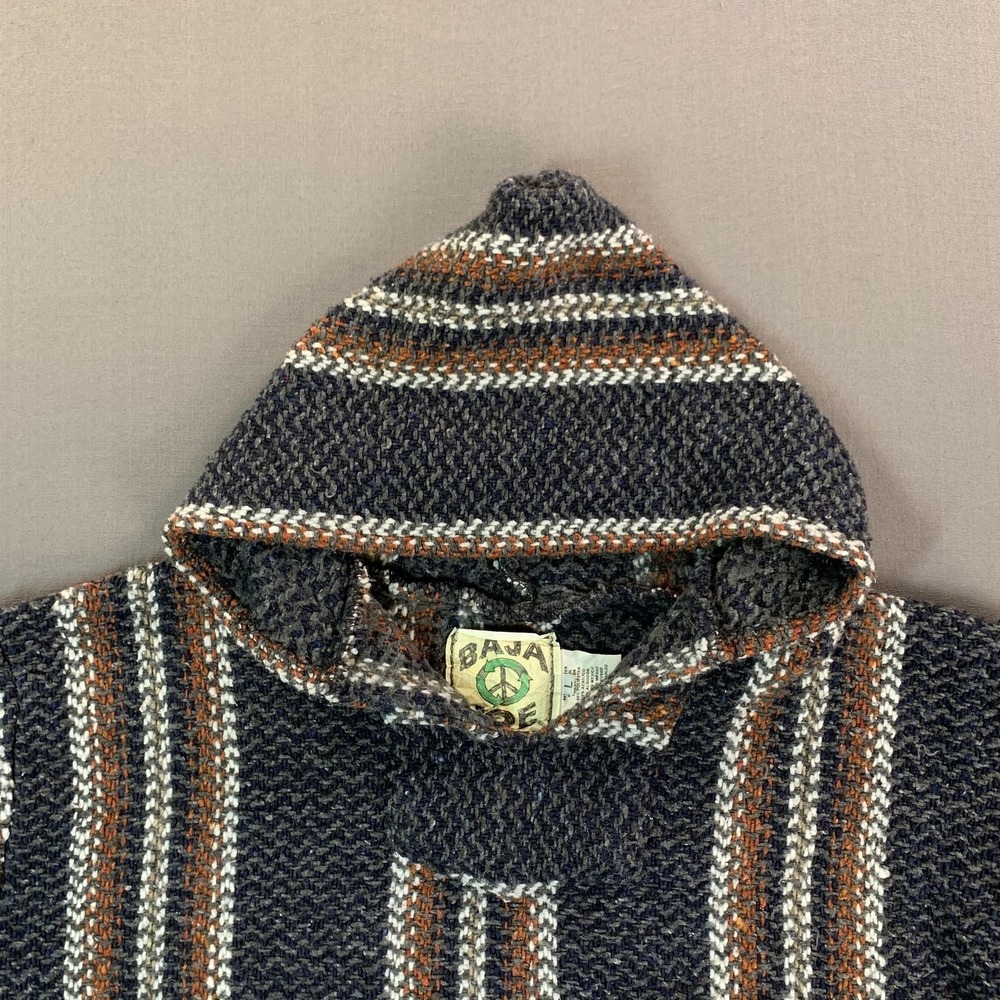 Baja Joe Hoodie Men LG Blue & Gray Striped Woven Pullover Baja Mexican Poncho - Picture 3 of 15
